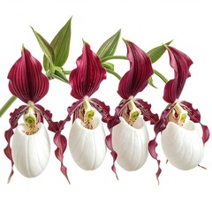 Four  pale white orchids with deep maroon accents,  hanging