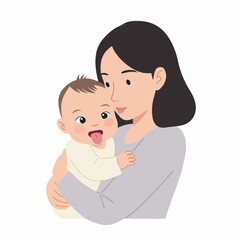Simple Flat Illustration of a Mother Holding a Happy Baby Child