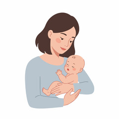 Flat Illustration Adorable Mother Holding Newborn Baby in Her Arms