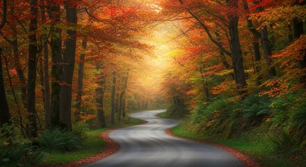 Scenic view of winding road through colorful autumn forest with sunlight filtering the trees
