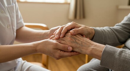 Empathy in Hands: A caring caregiver tenderly holds the hands of an elderly individual, embodying comfort, support, and compassion. This close-up photo highlights a moment of genuine connection.