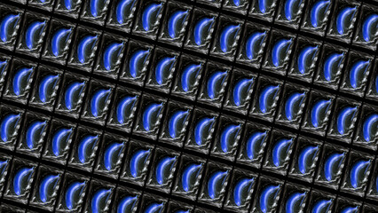 Pattern of blue bananas vacuum sealed in packaging, arranged diagonally, futuristic and surreal abstract food concept.