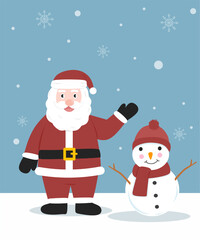 Santa Claus waving beside snowman in snowy winter scene.