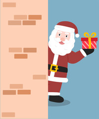 Santa Claus peeking from wall while holding a Christmas gift box.