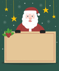 Cute Santa Claus holding a blank banner for Christmas greeting or message.