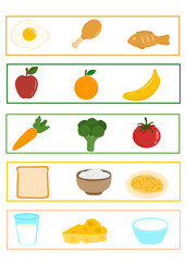 Food groups worksheet with fruits, vegetables, grains, and protein for kids.