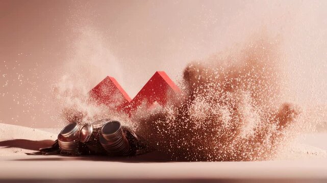 Financial crisis and economic downturn concept with red arrow crashing into sand beside coin stacks, symbolizing loss, recession, and market decline
