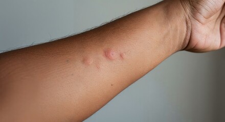 Skin Reaction : Up-close shot captures an inflamed skin condition, a small, isolated area with redness and texture. The arm is extended, revealing the reaction.