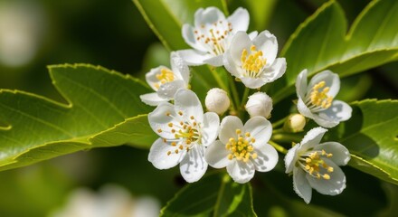 Delicate hawthorn blooms in spring sunshine, a vibrant floral display