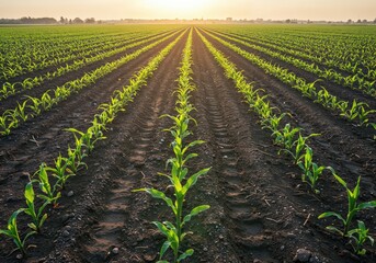 Obraz premium Rows of Life: Lines of vibrant green crops stretch towards the sun in a stunning display of agricultural beauty. Capturing the essence of growth, harvest, and sustainability in a panoramic landscape
