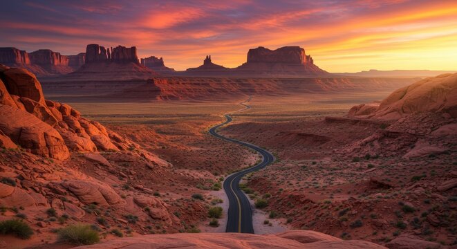 Scenic vista featuring winding road through desert landscape under vibrant sunset sky with mountains silhouette