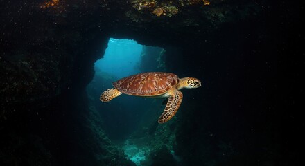 Oceanic Odyssey: A solitary sea turtle gracefully navigates the depths of a mesmerizing underwater cavern, illuminated by an ethereal blue light.