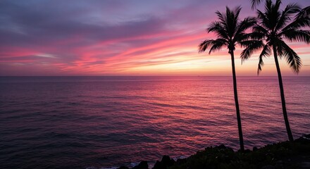 Tropical Sunset Serenity: Captivating scenery with silhouettes of palm tree under a fiery sunset with deep sea, evokes a sense of tranquility and natural beauty.