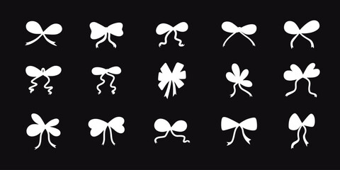 Hand drawn girly coquette bow ribbons set. Vector stock illustration isolated on black background for design template birthday, wedding, Christmas card, invitation, sale banner