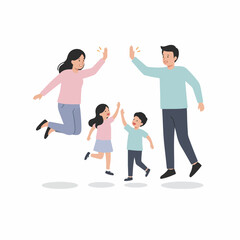 Flat Style Happy Family Jumping and High Fiving Illustration Concept