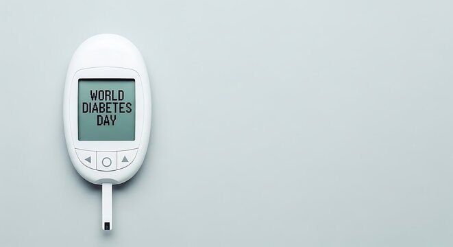 World Diabetes Day: Modern Glucometer Displaying Awareness Message on Gray Background.