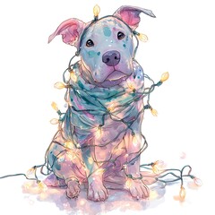 Watercolor Dog Wrapped in Fairy Lights Holiday Pet Mascot Celebration in White Background