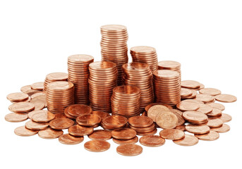 Ultra-detailed, lustrous pile of reflective American pennies, some stacked, many scattered, on a transparent studio background. Concept of financial growth and savings