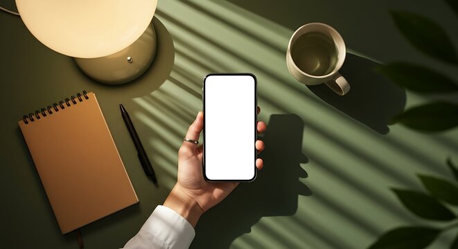 Overhead shot of a hand holding a smartphone on a desk with a lamp and notebook.