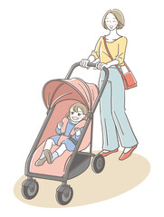 笑顔でベビーカーを押す母親