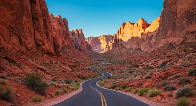 Scenic winding road through towering red rock formations under a clear blue sky