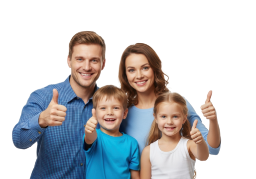 Young smiling Caucasian family (father, mother, boy, girl) giving thumbs-up gestures on a transparent studio background with copy space, high-key. Concept of family unity and positivity