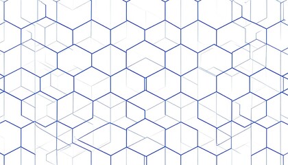 Abstract pattern of overlapping hexagons in shades of blue on a white background