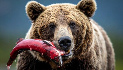 Bear eating fish close-up