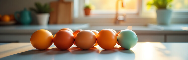 vibrant collection eggs varying hues rests stainless steel countertop modern kitchen illuminated soft morning sunlight