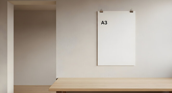 Blank A3 Poster Hanging on a Wall Above a Wooden Table