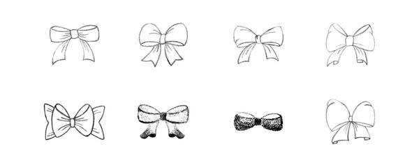 Chalk coquette bow with ribbon set. Hand drawn vector illustration isolated on black chalkboard background for design template present, wedding, Birthday, Christmas decoration or discount, sale.