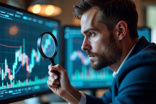 Businessman Analyzing Complex Graph on Computer Screen with Magnifying Glass - Powered by Adobe