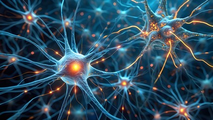 Neural network with glowing connections represents complex biological communication system