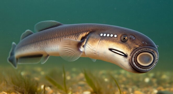 Underwater close-up of a parasitic lamprey, an eel-like jawless fish, clearly showing its distinctive circular, toothed mouth.