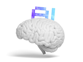 AI text and brain isolated on white background. Artificial intelligence. Blue and violet color. Pixel. Glassmorphism. 3d illustration.