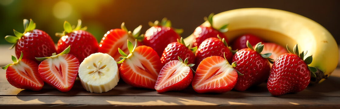 vibrant array fresh strawberries sliced bananas artfully arranged rustic wooden counter bathed warm golden morning light