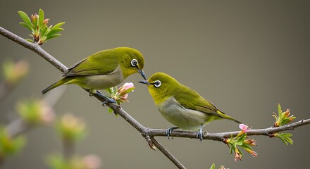 Two small birds perched on a branch with blossoming buds and soft background