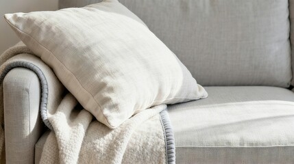 Cozy Sofa with Linen Pillow and Knitted Blanket