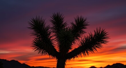 Fototapeta premium Silhouette of a desert tree against a vivid sunset sky with vibrant colors and dramatic lighting