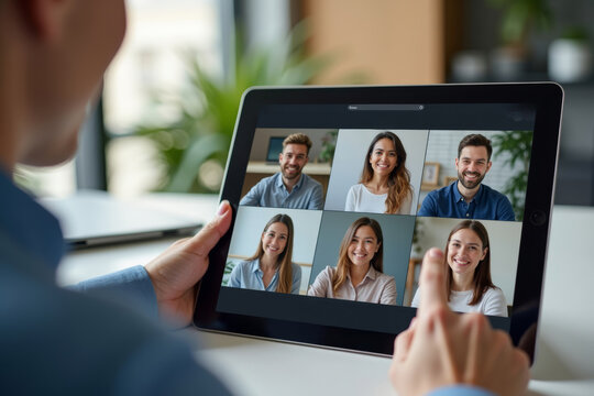 Close-Up View of Virtual Meeting with Smiling Coworkers on Tablet Screen