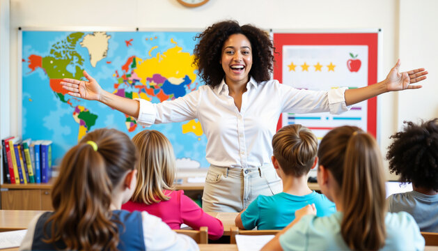 Teacher engaging students in classroom with map and posters behind - Powered by Adobe