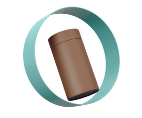 Stylish brown paper jar product packaging inside a vibrant teal ring. 3d illustration