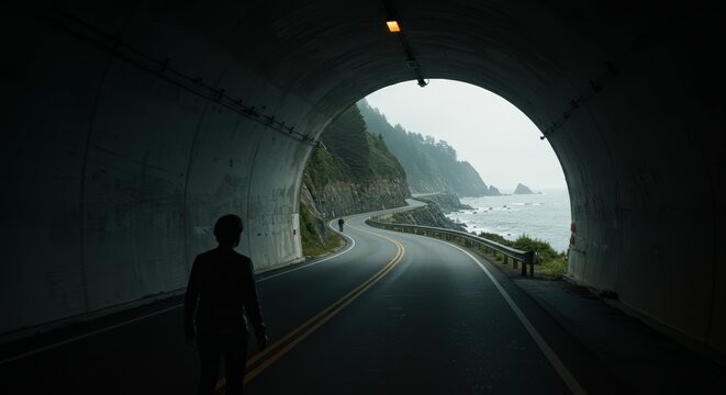 Silhouette of person inside a road tunnel opening onto coastal highway with ocean and mountains