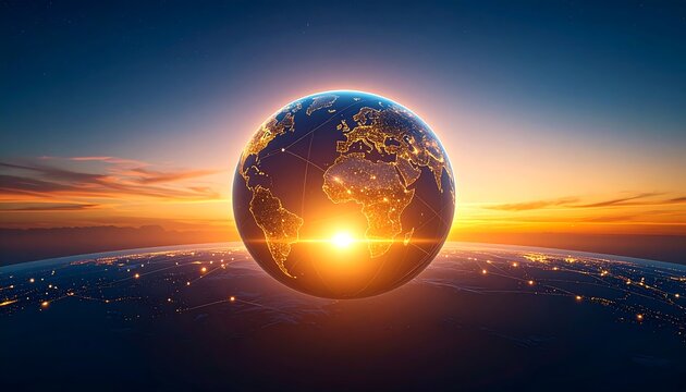 Earth globe, sunrise, city lights