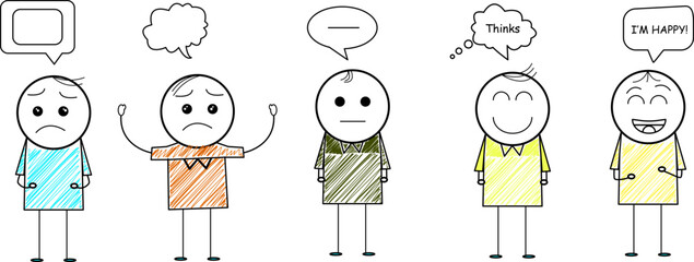 Hand drawn stick figure people with different facial expressions and emotions, sad, angry, neutral, thinking, and happy characters with speech bubbles, doodle style sketch illustration for psychology,