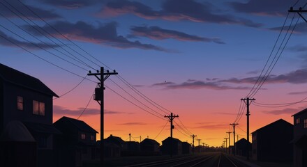 Silhouetted houses and power poles against a vivid sunset sky illustrating urban landscape