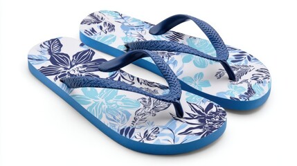 Floral patterned beach flip flops isolated on white background, summer footwear accessory