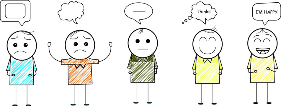 Hand drawn stick figure people with different facial expressions and emotions, sad, angry, neutral, thinking, and happy characters with speech bubbles, doodle style sketch illustration for psychology,