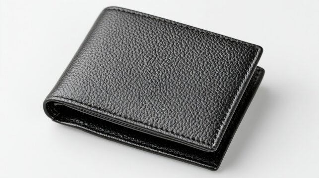 Simple black leather wallet isolated on white background, minimalist accessory