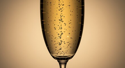 Close-up of a flute glass filled with sparkling champagne and rising bubbles